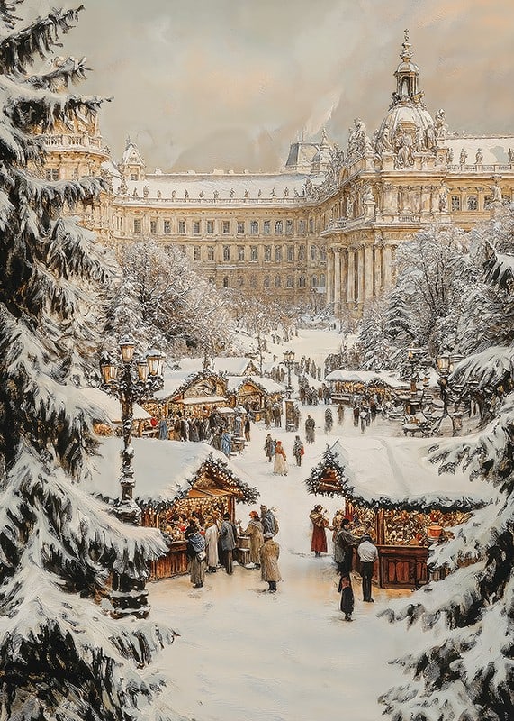 A Christmas poster with a snow-covered, traditional Christmas market in a historic city setting.-12