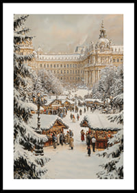 A Christmas poster with a snow-covered, traditional Christmas market in a historic city setting.-0