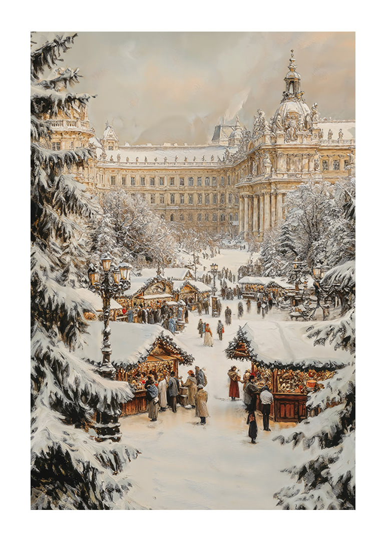 A Christmas poster with a snow-covered, traditional Christmas market in a historic city setting.-12