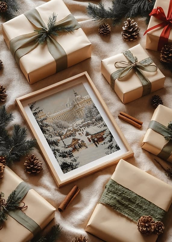 A Christmas poster with a snow-covered, traditional Christmas market in a historic city setting.-12