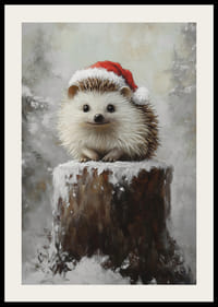 En poster med en söt igelkott i tomteluva på en snötäckt stubbe.-2
