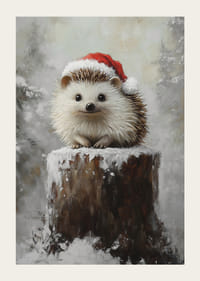 En poster med en söt igelkott i tomteluva på en snötäckt stubbe.-3