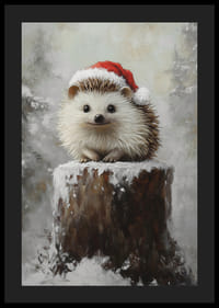 En poster med en söt igelkott i tomteluva på en snötäckt stubbe.-4