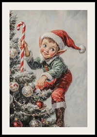 En julposter med en busig tomtenisse som klättrar i granen med en polkagrisstav.-2