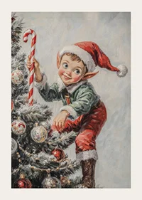 En julposter med en busig tomtenisse som klättrar i granen med en polkagrisstav.-3