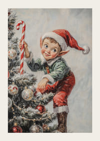 En juleplakat med en rampete nisse som klatrer i treet med en prikkete pinne.-3