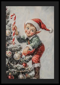 En julposter med en busig tomtenisse som klättrar i granen med en polkagrisstav.-4