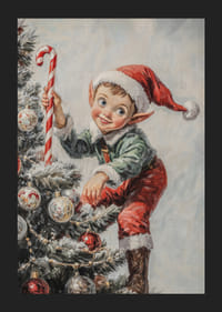 En juleplakat med en rampete nisse som klatrer i treet med en prikkete pinne.-5