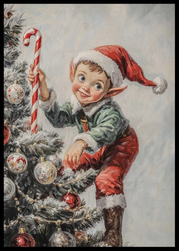 En julposter med en busig tomtenisse som klättrar i granen med en polkagrisstav.-12