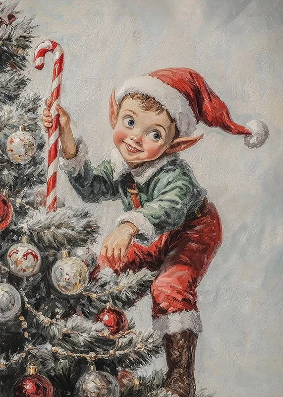 En julposter med en busig tomtenisse som klättrar i granen med en polkagrisstav.-12