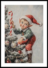 En julposter med en busig tomtenisse som klättrar i granen med en polkagrisstav.-0