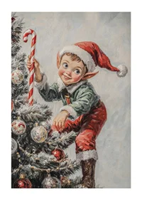 En julposter med en busig tomtenisse som klättrar i granen med en polkagrisstav.-1