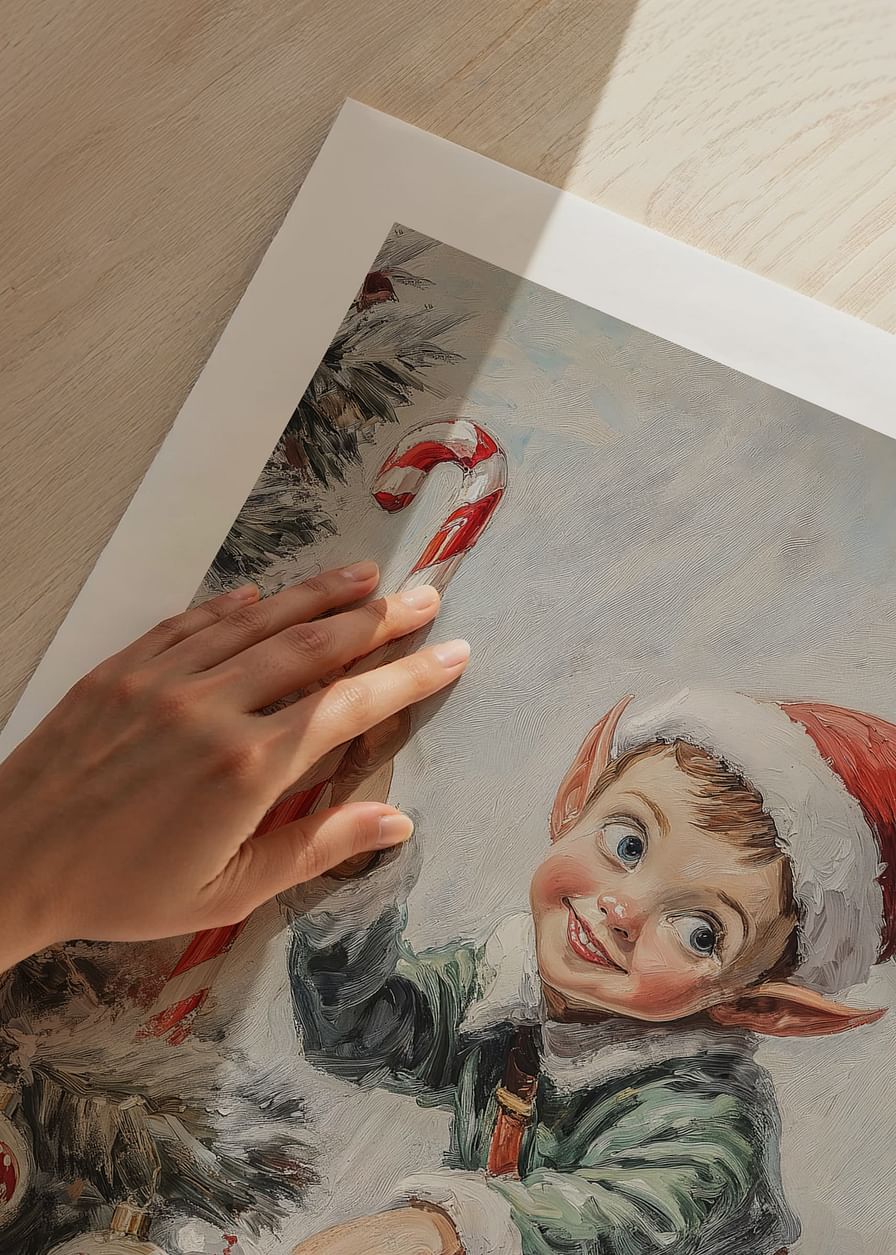 En juleplakat med en rampete nisse som klatrer i treet med en prikkete pinne.-12