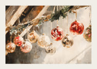 Um poster de Natal com bolas de Natal clássicas penduradas numa viga de madeira rústica.-3