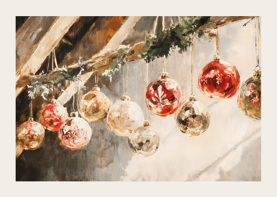 Um poster de Natal com bolas de Natal clássicas penduradas numa viga de madeira rústica.-12