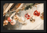 Um poster de Natal com bolas de Natal clássicas penduradas numa viga de madeira rústica.-4