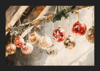 Um poster de Natal com bolas de Natal clássicas penduradas numa viga de madeira rústica.-5