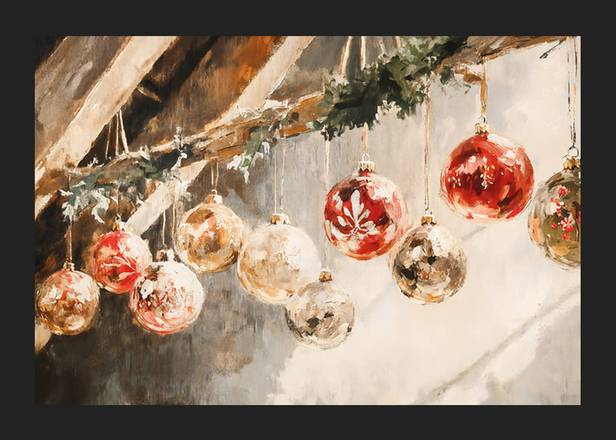 Um poster de Natal com bolas de Natal clássicas penduradas numa viga de madeira rústica.-12