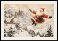  Vianočný plagát, na ktorom sa Santa vznáša nad idylickou dedinou a rozdáva sviatočnú radosť.-2