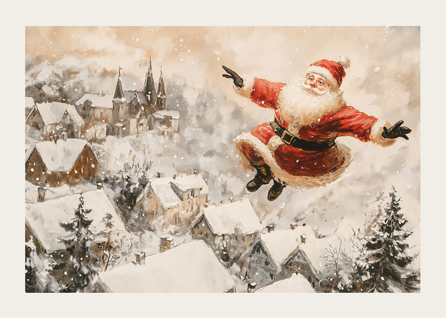  Vianočný plagát, na ktorom sa Santa vznáša nad idylickou dedinou a rozdáva sviatočnú radosť.-12