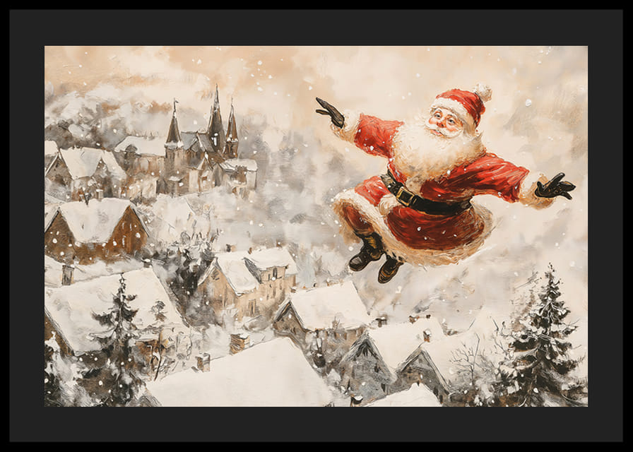  Vianočný plagát, na ktorom sa Santa vznáša nad idylickou dedinou a rozdáva sviatočnú radosť.-12