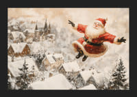  Vianočný plagát, na ktorom sa Santa vznáša nad idylickou dedinou a rozdáva sviatočnú radosť.-5