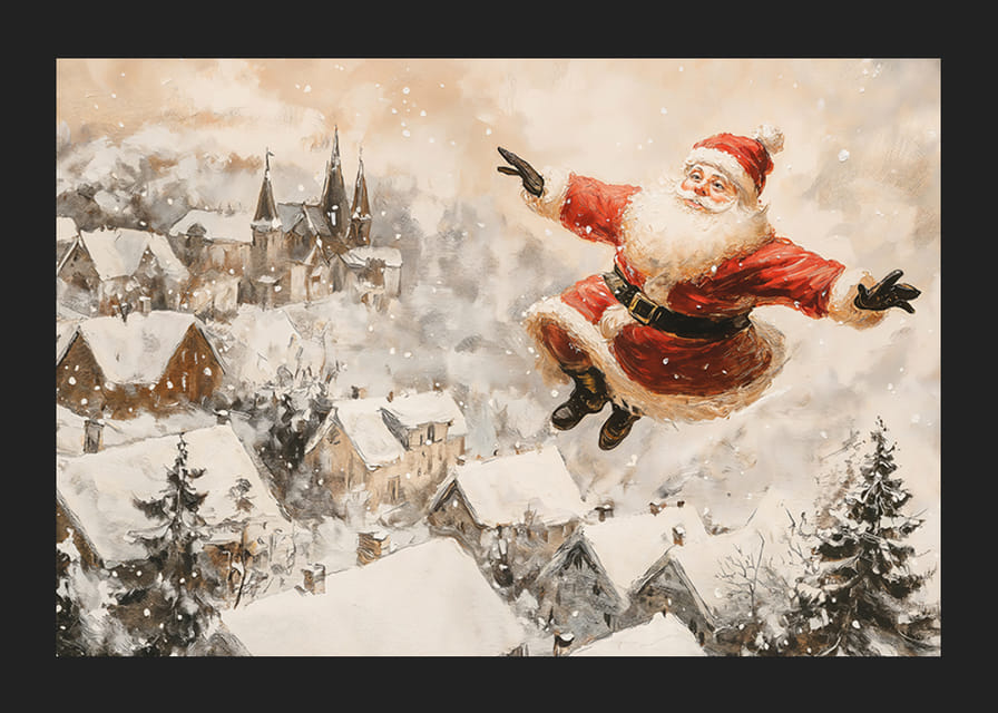  Vianočný plagát, na ktorom sa Santa vznáša nad idylickou dedinou a rozdáva sviatočnú radosť.-12