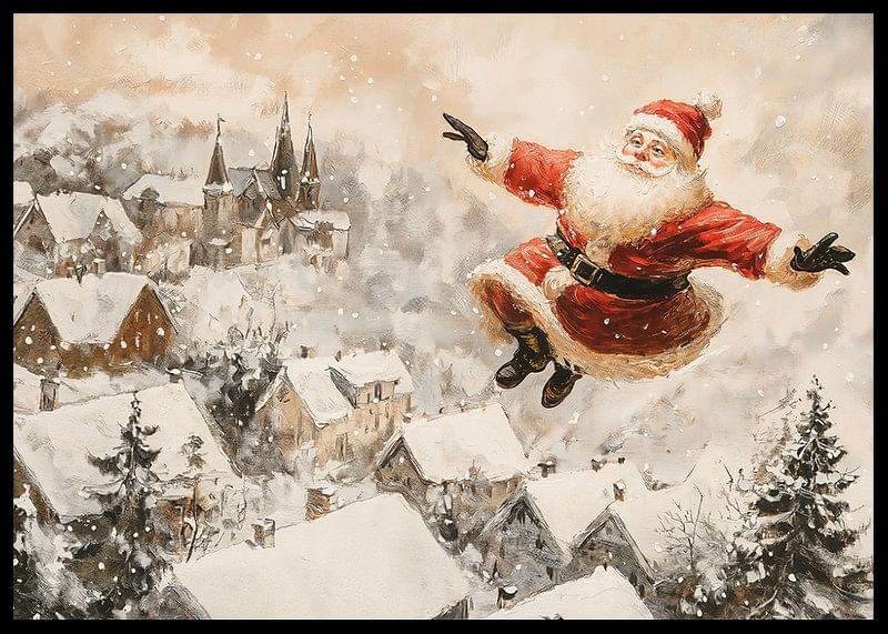  Vianočný plagát, na ktorom sa Santa vznáša nad idylickou dedinou a rozdáva sviatočnú radosť.-12