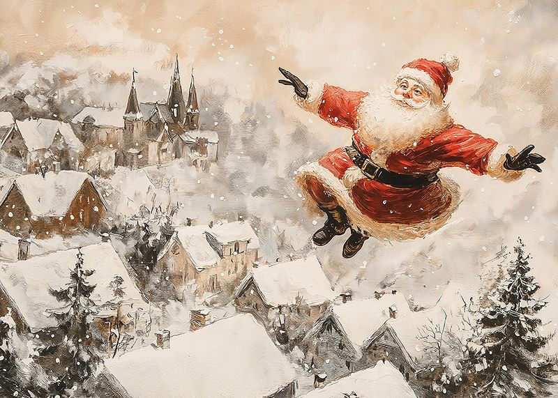  Vianočný plagát, na ktorom sa Santa vznáša nad idylickou dedinou a rozdáva sviatočnú radosť.-12