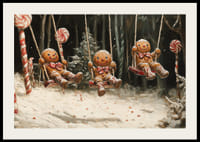Ein Weihnachtsposter mit Lebkuchenfiguren, die in einem magischen, schneebedeckten Süßigkeitenwald schwingen.-2