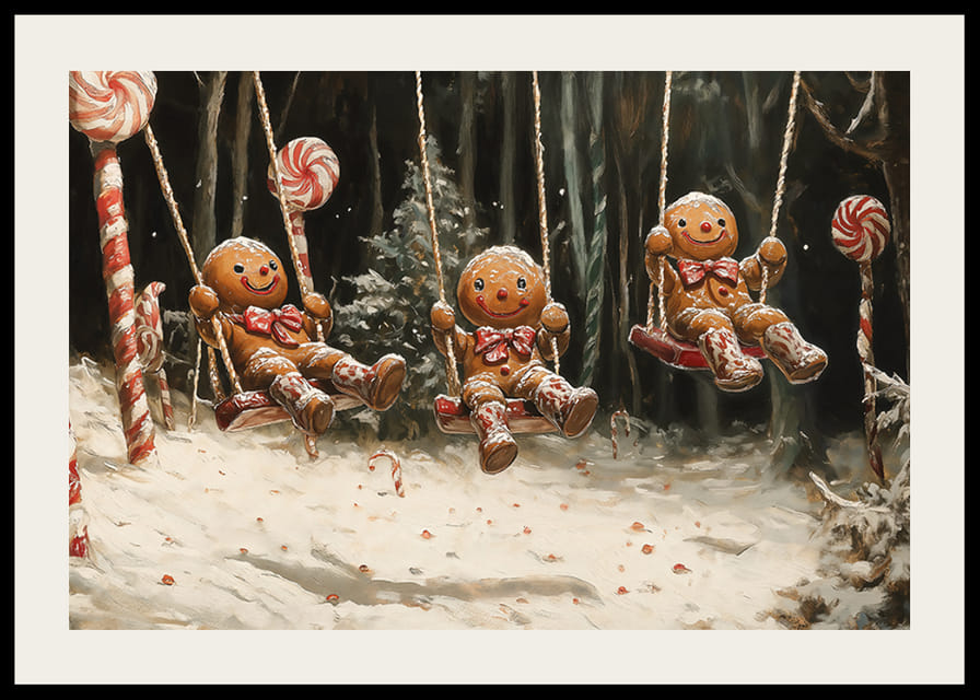 Ein Weihnachtsposter mit Lebkuchenfiguren, die in einem magischen, schneebedeckten Süßigkeitenwald schwingen.-12