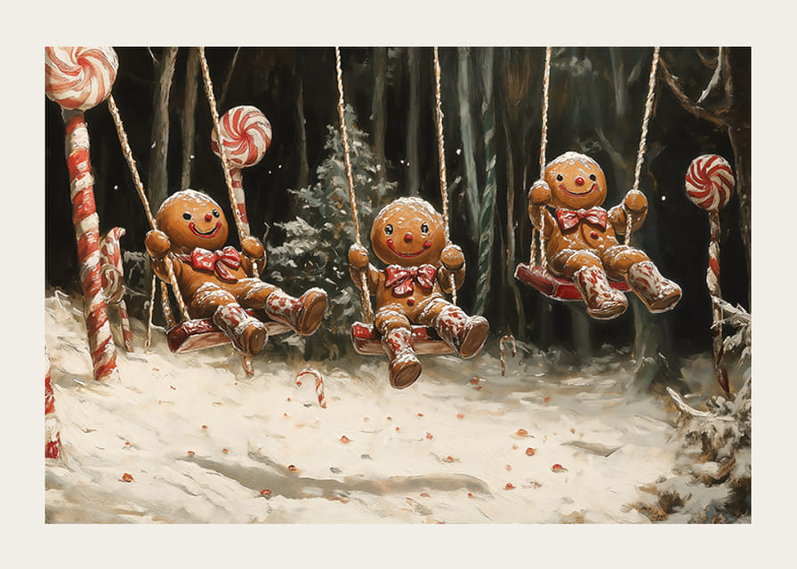 Ein Weihnachtsposter mit Lebkuchenfiguren, die in einem magischen, schneebedeckten Süßigkeitenwald schwingen.-12