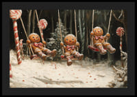 Ein Weihnachtsposter mit Lebkuchenfiguren, die in einem magischen, schneebedeckten Süßigkeitenwald schwingen.-4