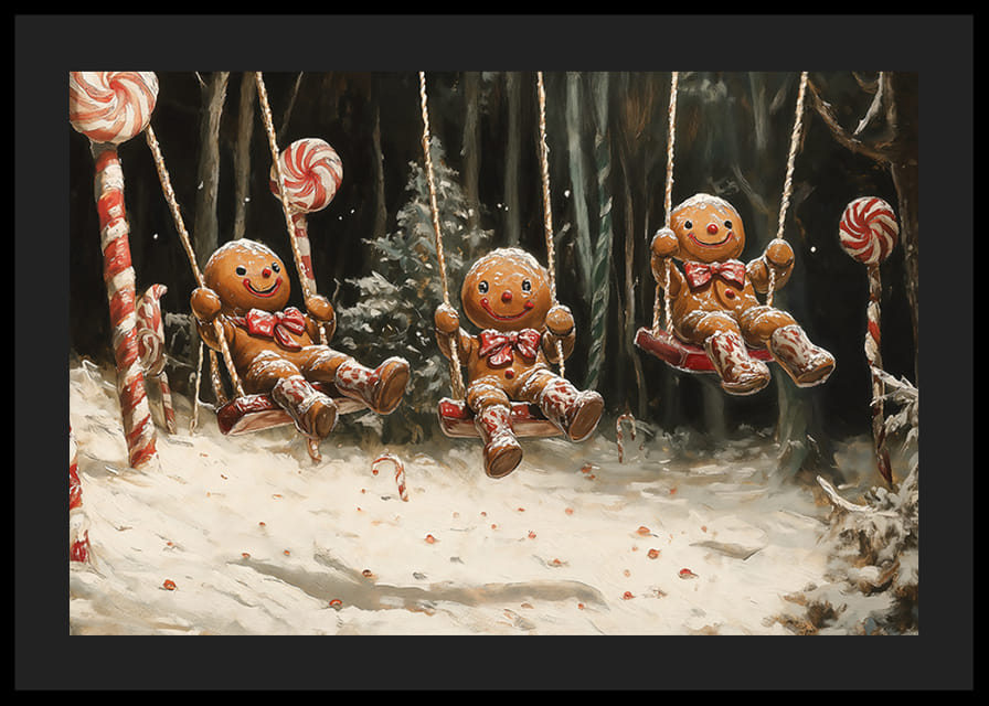 Ein Weihnachtsposter mit Lebkuchenfiguren, die in einem magischen, schneebedeckten Süßigkeitenwald schwingen.-12