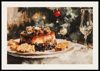 Un cartel navideño con un pastel bellamente decorado frente a un árbol de Navidad resplandeciente y cálido.-2