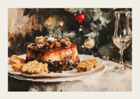 Un cartel navideño con un pastel bellamente decorado frente a un árbol de Navidad resplandeciente y cálido.-3