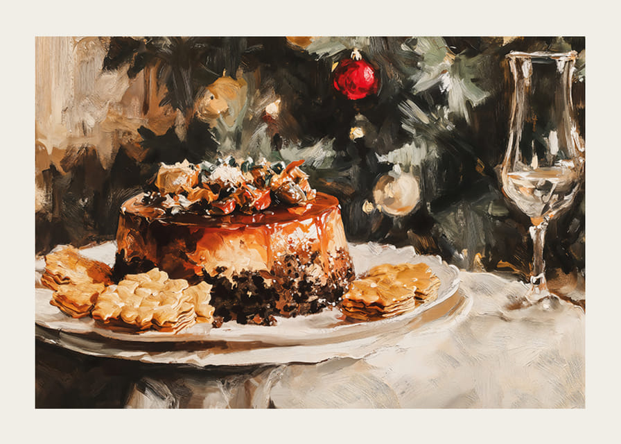 Un cartel navideño con un pastel bellamente decorado frente a un árbol de Navidad resplandeciente y cálido.-12