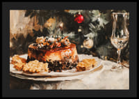 Un cartel navideño con un pastel bellamente decorado frente a un árbol de Navidad resplandeciente y cálido.-4