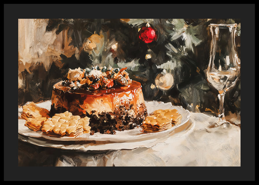 Un cartel navideño con un pastel bellamente decorado frente a un árbol de Navidad resplandeciente y cálido.-12