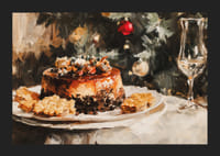 Un cartel navideño con un pastel bellamente decorado frente a un árbol de Navidad resplandeciente y cálido.-5