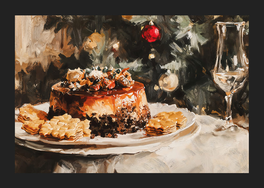 Un cartel navideño con un pastel bellamente decorado frente a un árbol de Navidad resplandeciente y cálido.-12