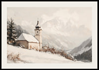 A poster with a quiet church surrounded by a snow-covered alpine landscape, which radiates calm and peace.-2