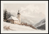 En poster med en stillsam kyrka omgiven av ett snötäckt alplandskap, som utstrålar lugn och frid.-2