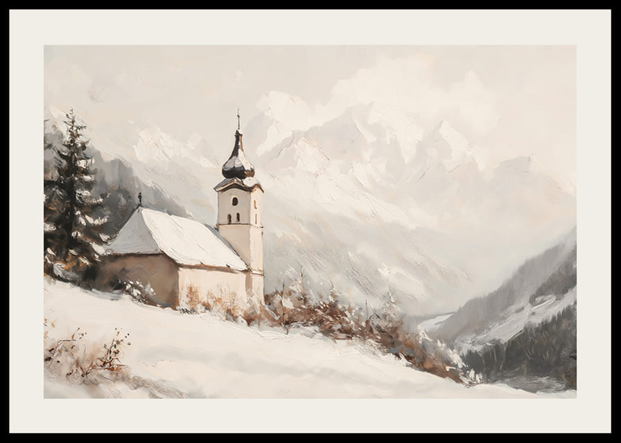 En poster med en stillsam kyrka omgiven av ett snötäckt alplandskap, som utstrålar lugn och frid.-12