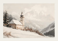 En poster med en stillsam kyrka omgiven av ett snötäckt alplandskap, som utstrålar lugn och frid.-3