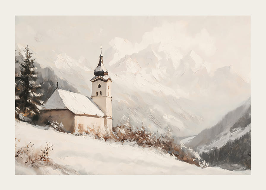 En poster med en stillsam kyrka omgiven av ett snötäckt alplandskap, som utstrålar lugn och frid.-12