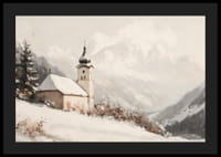 En poster med en stillsam kyrka omgiven av ett snötäckt alplandskap, som utstrålar lugn och frid.-4