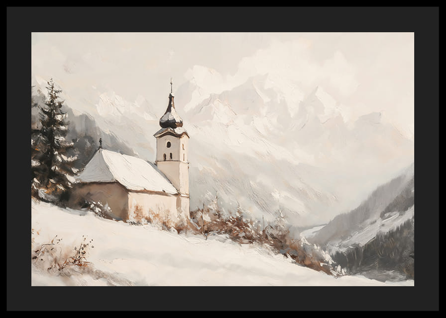 En poster med en stillsam kyrka omgiven av ett snötäckt alplandskap, som utstrålar lugn och frid.-12