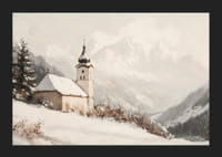 En poster med en stillsam kyrka omgiven av ett snötäckt alplandskap, som utstrålar lugn och frid.-5