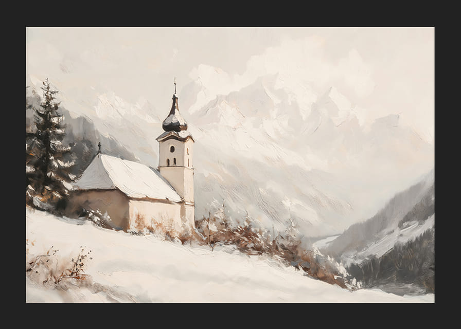 En poster med en stillsam kyrka omgiven av ett snötäckt alplandskap, som utstrålar lugn och frid.-12